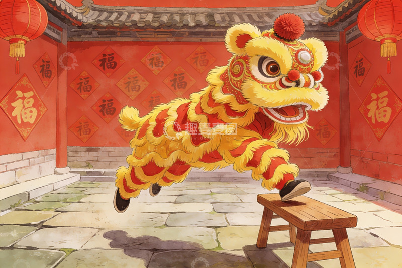 高清大图下载【趣麦麦图】舞狮表演跃上木凳