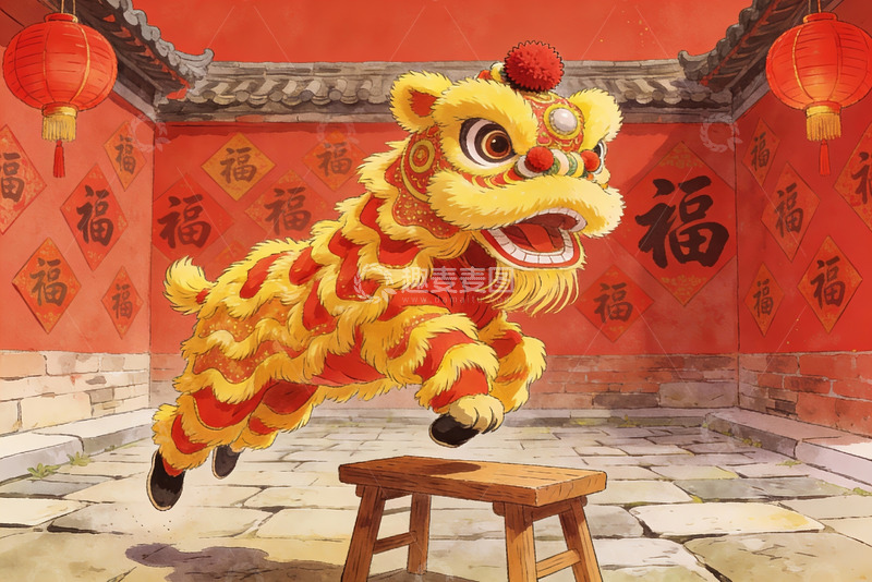 高清大图下载【趣麦麦图】舞狮表演跃上木凳