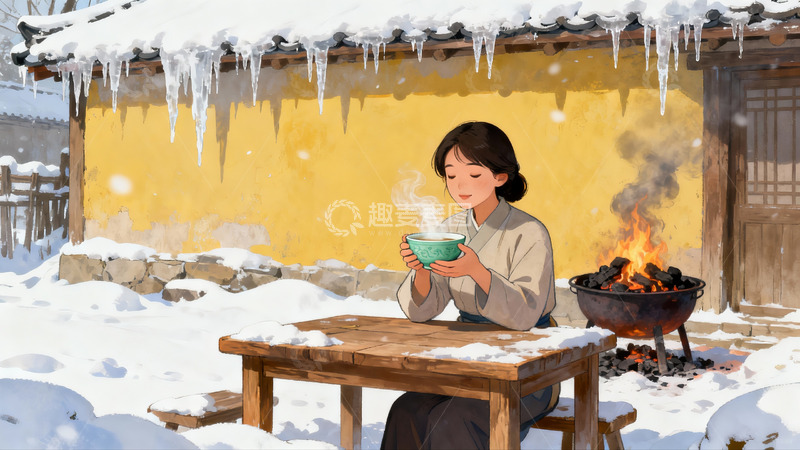 高清大图下载【趣麦麦图】雪中女子围炉品茶图