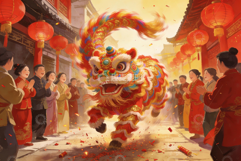 高清大图下载【趣麦麦图】热闹街市舞狮表演欢庆场景