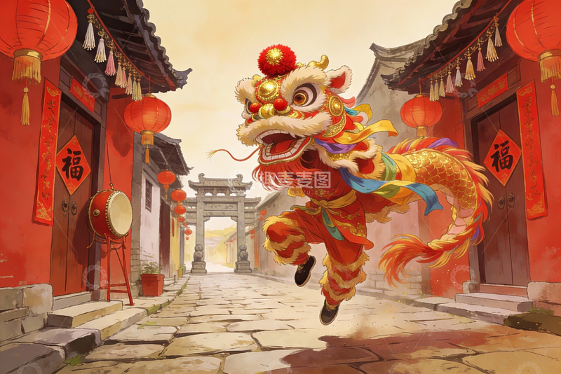 高清大图下载【趣麦麦图】舞狮表演喜庆街景