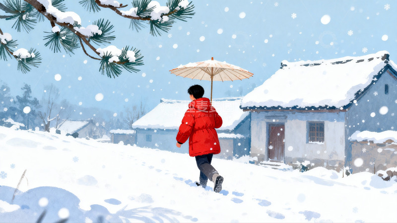 高清大图下载【趣麦麦图】雪中红衣人撑伞行走