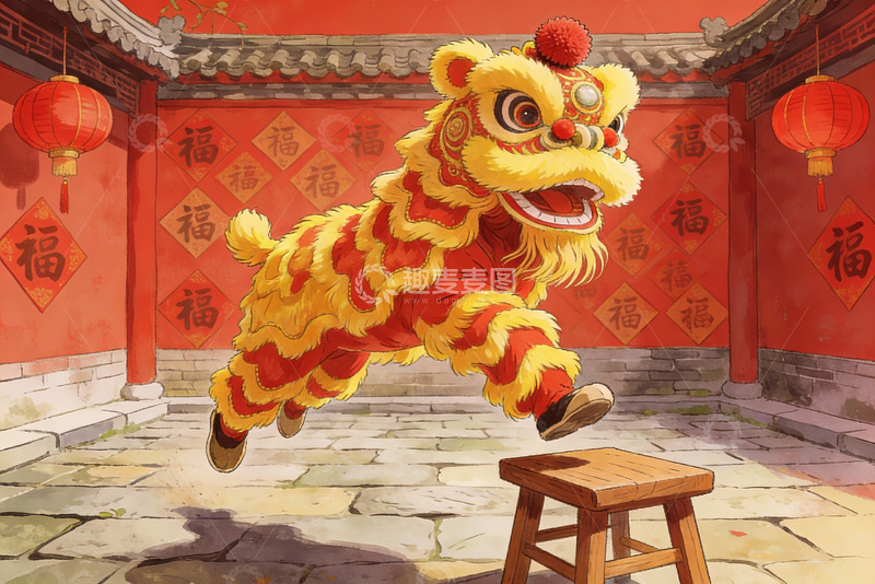 高清大图下载【趣麦麦图】舞狮表演跃上木凳