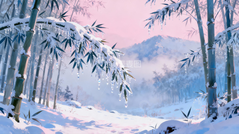高清大图下载【趣麦麦图】雪覆竹林晨曦美景