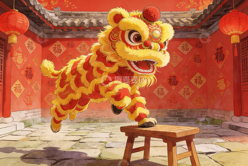 高清大图下载【趣麦麦图】舞狮表演跃上木凳