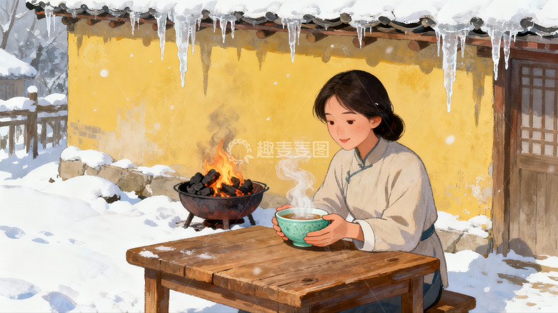 高清大图下载【趣麦麦图】雪天庭院女子围炉饮茶