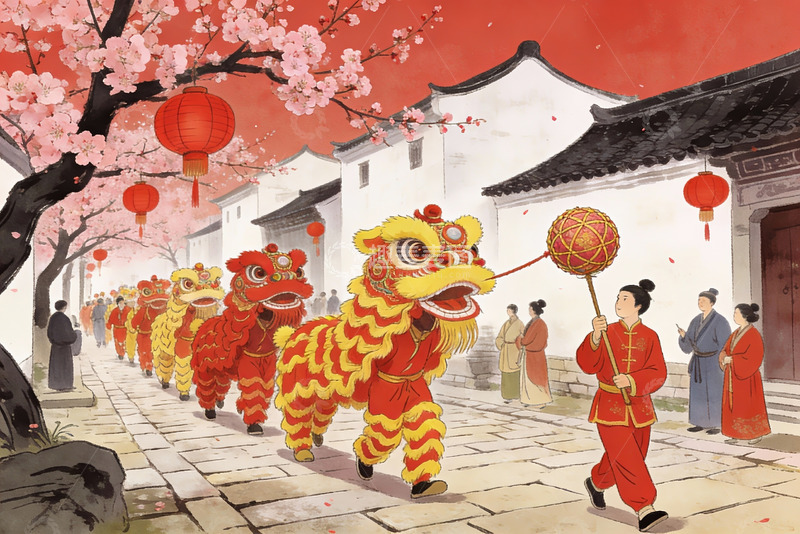 高清大图下载【趣麦麦图】传统舞狮迎新春街景