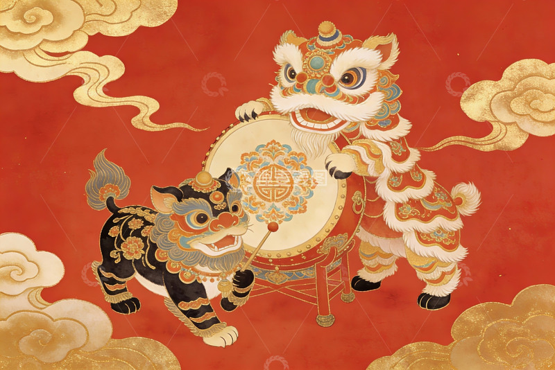 高清大图下载【趣麦麦图】中国传统舞狮鼓乐图