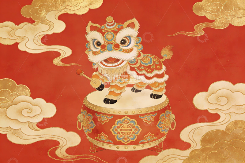 高清大图下载【趣麦麦图】红色背景上的舞狮鼓绘图