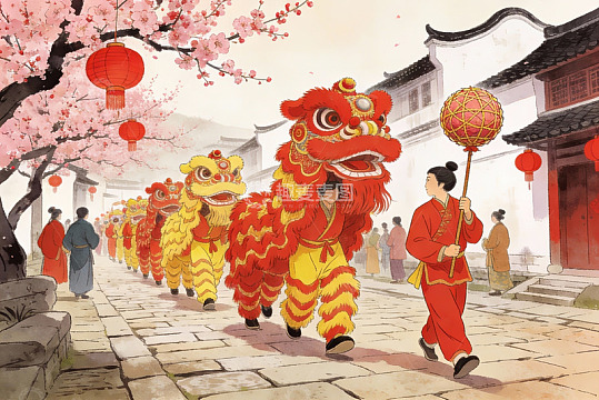 古街舞狮迎春庆佳节