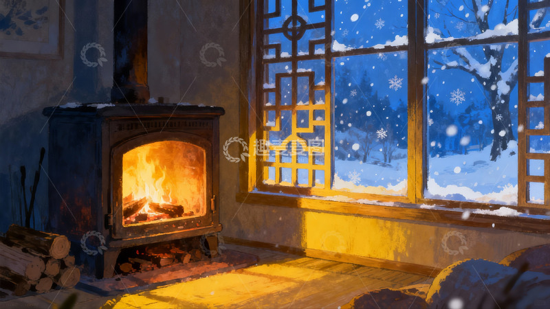 高清大图下载【趣麦麦图】冬夜窗边壁炉取暖场景
