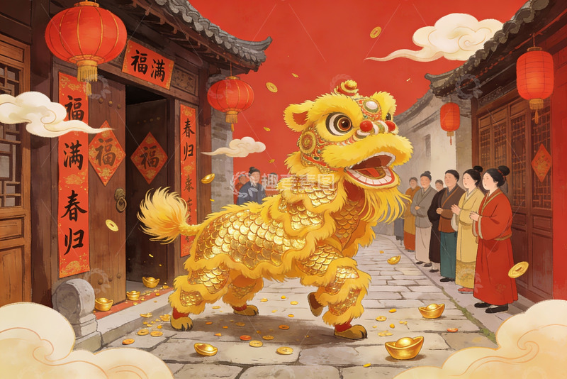 高清大图下载【趣麦麦图】春节舞狮热闹街景