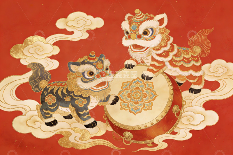 高清大图下载【趣麦麦图】双狮戏鼓祥云环绕传统艺术