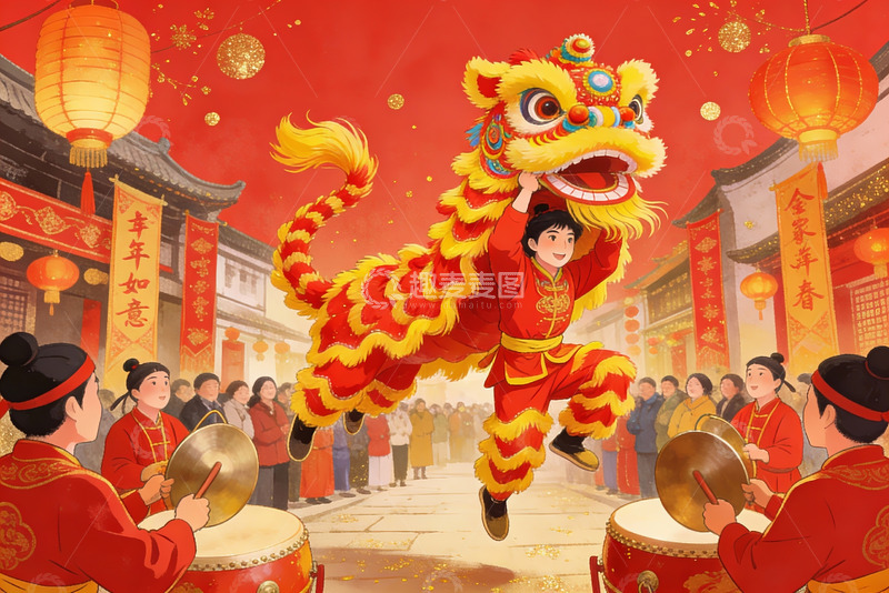 高清大图下载【趣麦麦图】春节舞狮热闹场景
