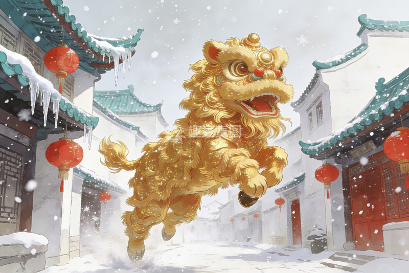 高清大图下载【趣麦麦图】雪中舞狮迎新春
