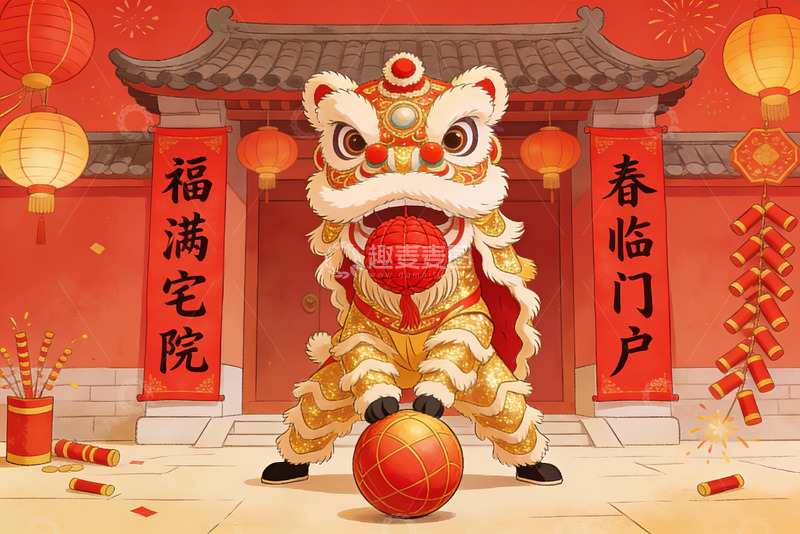 高清大图下载【趣麦麦图】春节舞狮迎春图