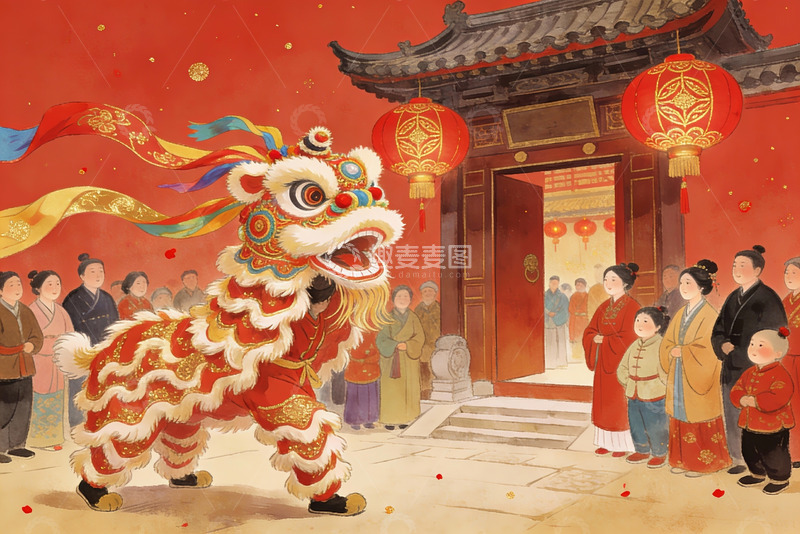 高清大图下载【趣麦麦图】中国传统舞狮庆典场景