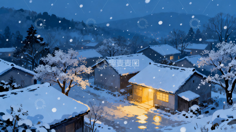 高清大图下载【趣麦麦图】雪夜村落灯火温暖