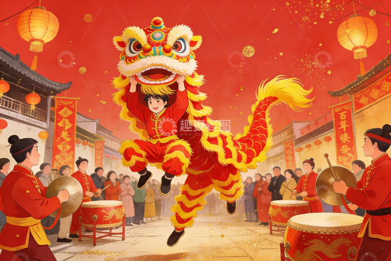 高清大图下载【趣麦麦图】春节舞狮热闹场景