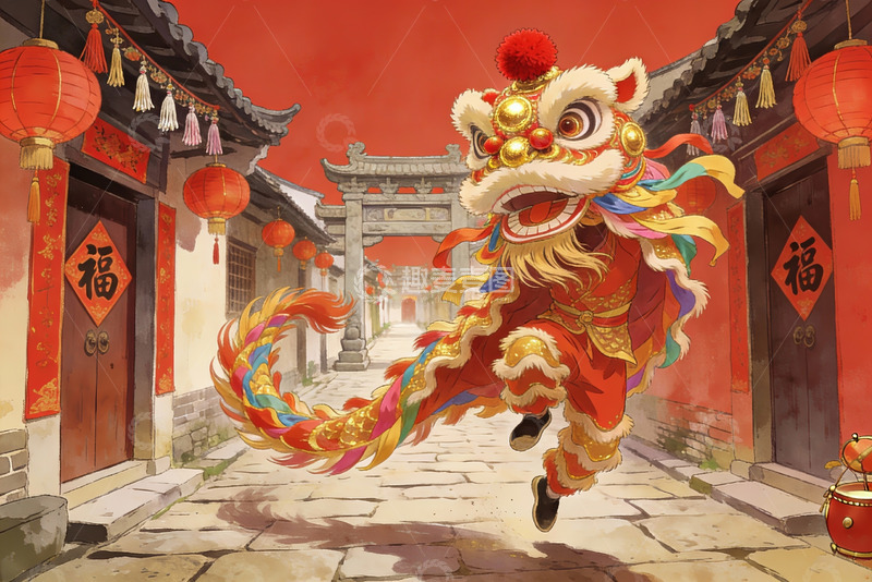 高清大图下载【趣麦麦图】舞狮表演喜庆红街