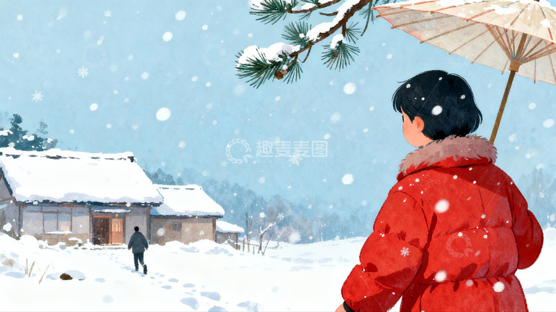 高清大图下载【趣麦麦图】雪景中撑伞人物与古屋