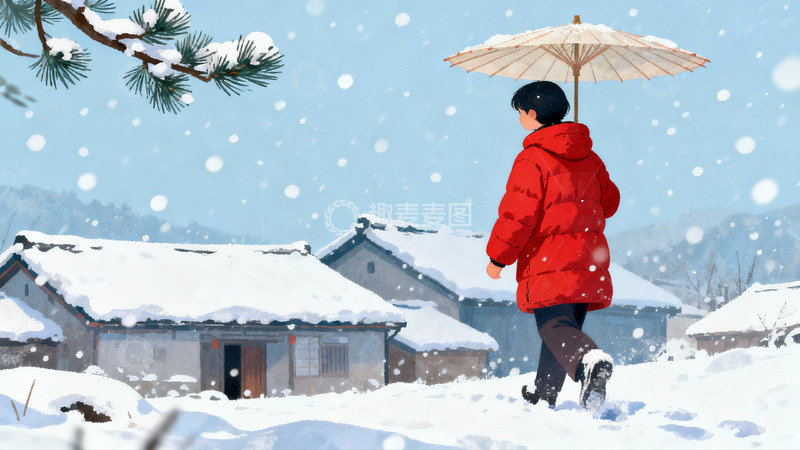 高清大图下载【趣麦麦图】雪中红衣人撑伞行走