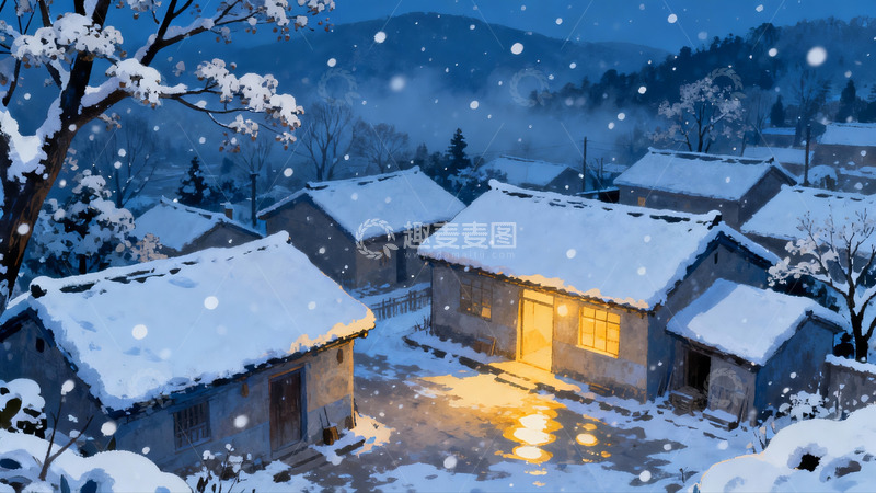 高清大图下载【趣麦麦图】雪夜乡村灯火温暖