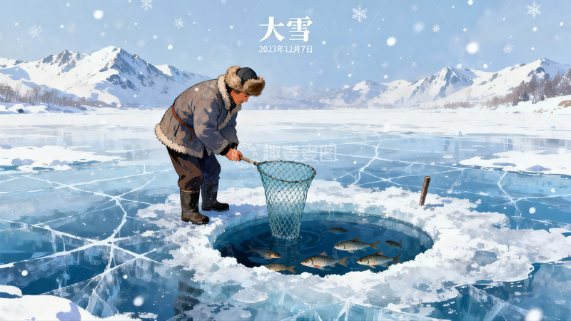 高清大图下载【趣麦麦图】冰钓者在雪山湖面捕鱼