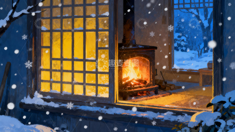 高清大图下载【趣麦麦图】-雪夜窗前壁炉温暖如画