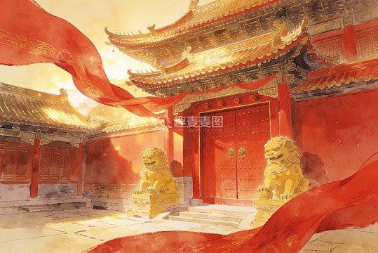 古典中式建筑与石狮雕像