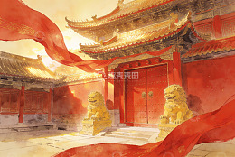 古典中式建筑与石狮雕像