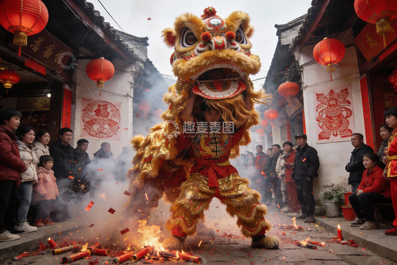 高清大图下载【趣麦麦图】街头舞狮表演热闹非凡