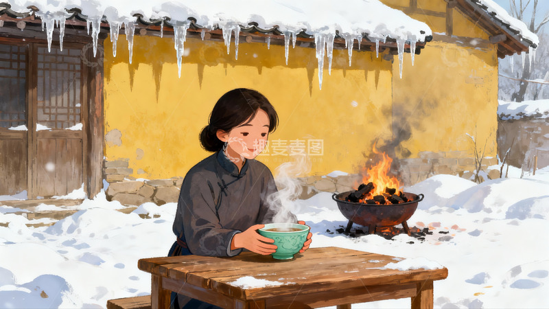 高清大图下载【趣麦麦图】雪地女子围炉煮茶冬日景象