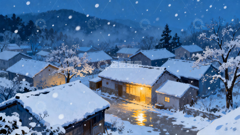 高清大图下载【趣麦麦图】雪夜山村灯火温暖