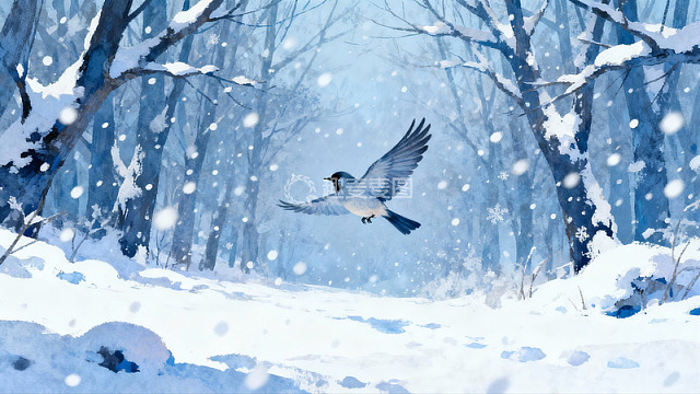 雪林飞鸟冬日静谧景象