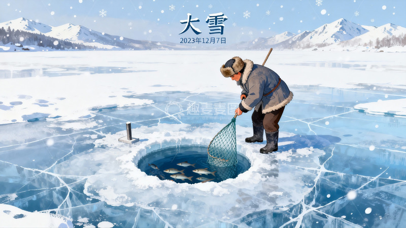 高清大图下载【趣麦麦图】冰洞捕鱼冬日雪景