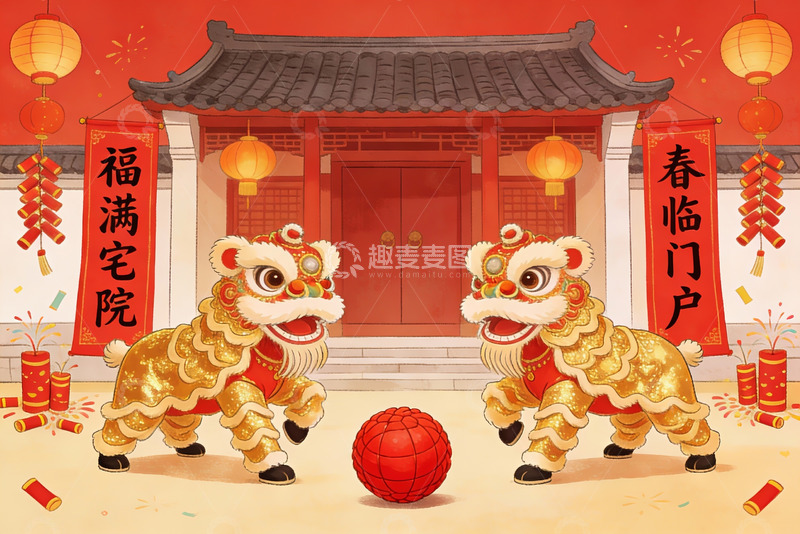 高清大图下载【趣麦麦图】春节舞狮迎春图