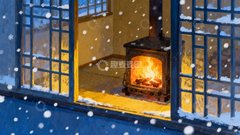 高清大图下载【趣麦麦图】雪夜窗前壁炉温暖如春