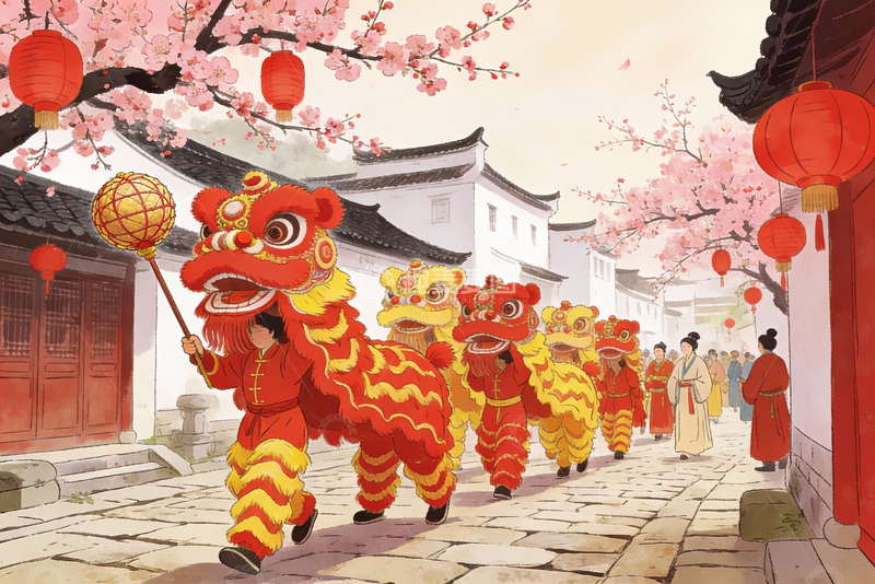 高清大图下载【趣麦麦图】古街舞狮迎春景