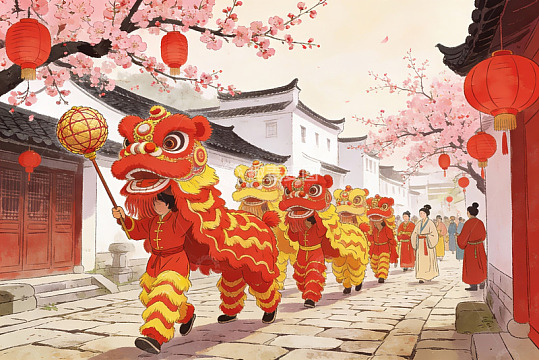 古街舞狮迎春景