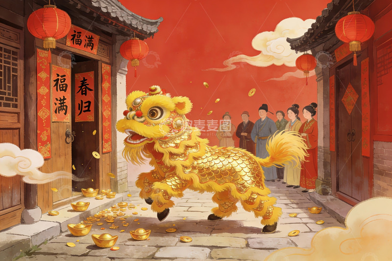 高清大图下载【趣麦麦图】春节舞狮庆团圆