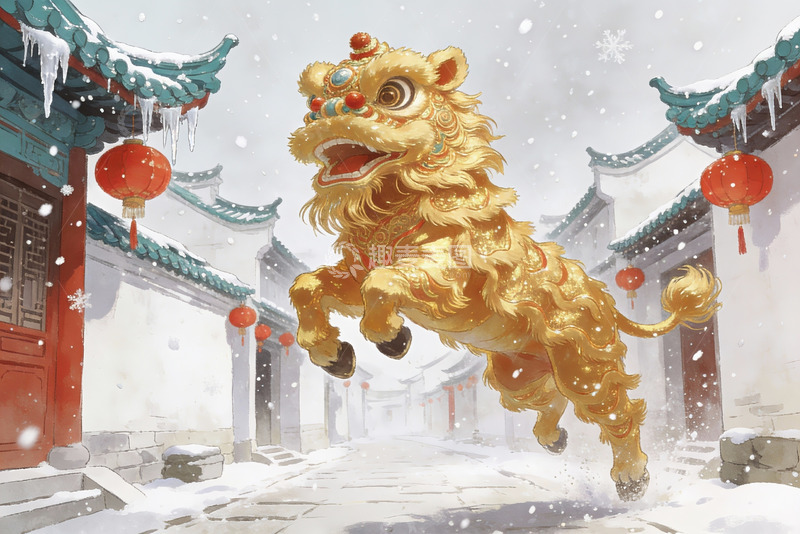 高清大图下载【趣麦麦图】雪中舞狮迎新春
