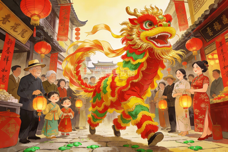 高清大图下载【趣麦麦图】热闹街市舞龙庆新春