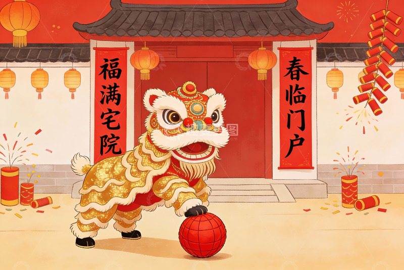 高清大图下载【趣麦麦图】春节舞狮迎春图
