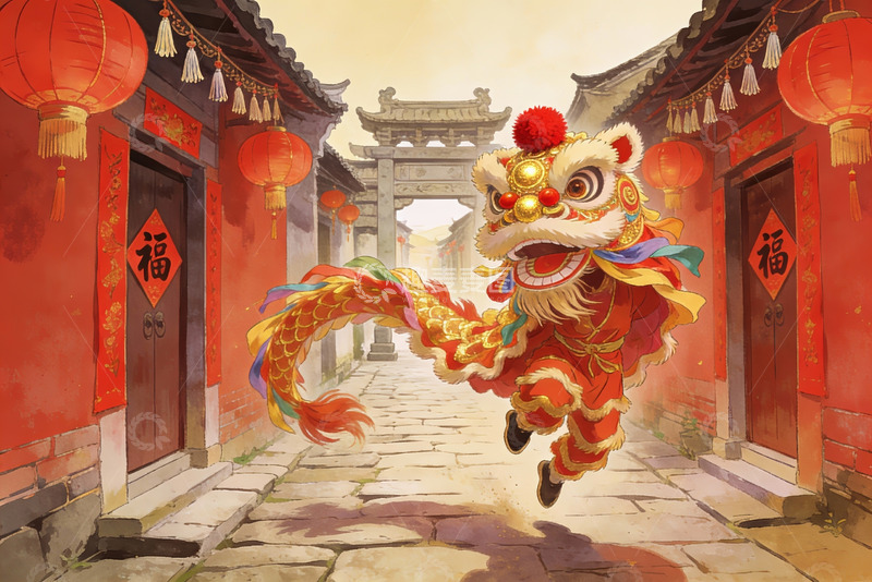 高清大图下载【趣麦麦图】舞狮表演热闹街巷