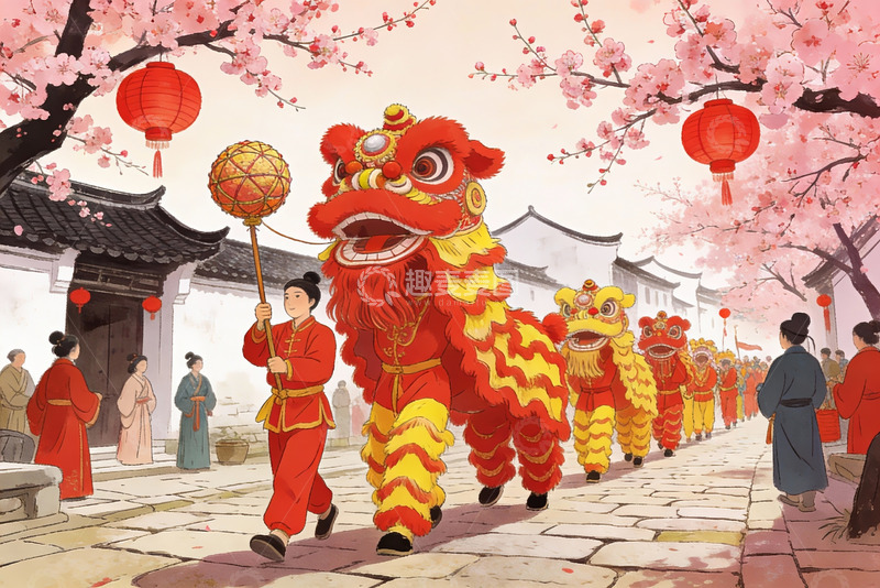 高清大图下载【趣麦麦图】春节舞狮游街热闹非凡
