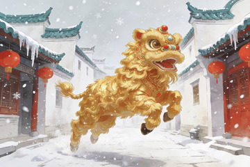 雪中舞金狮传统节日场景