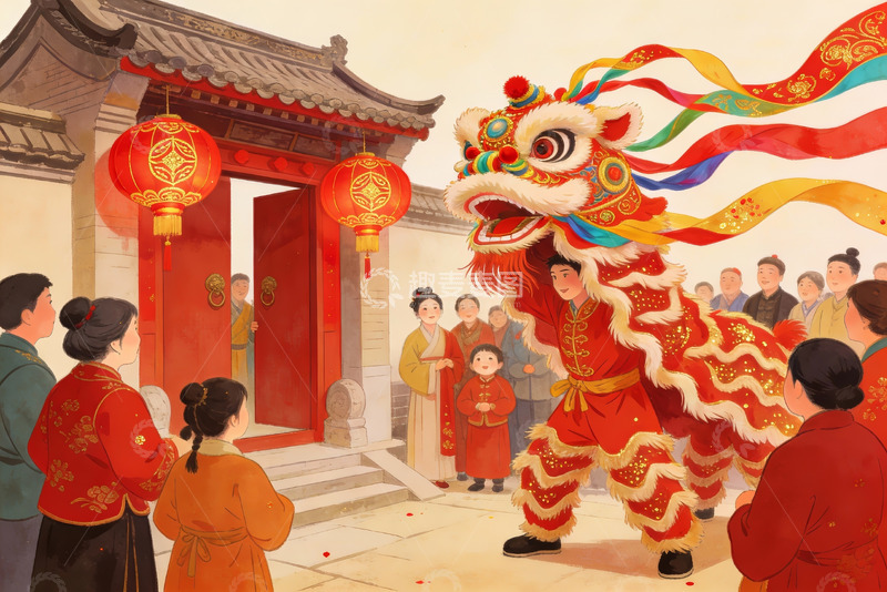 高清大图下载【趣麦麦图】传统舞狮表演热闹场景