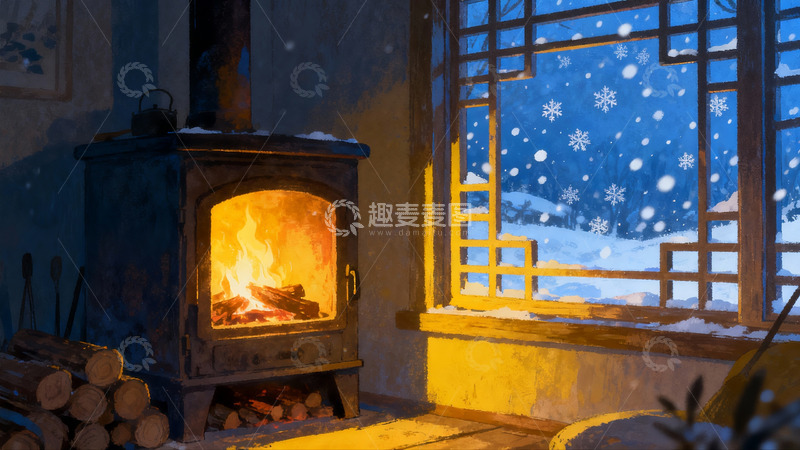 高清大图下载【趣麦麦图】冬夜窗边壁炉取暖场景