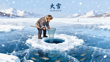 冰钓者在雪景湖面垂钓